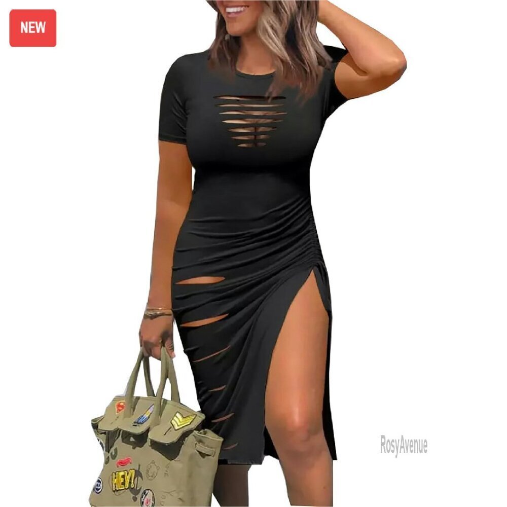 Cotton Blend Cut Out Ruched Bodycon Dress Side Slit Club Party